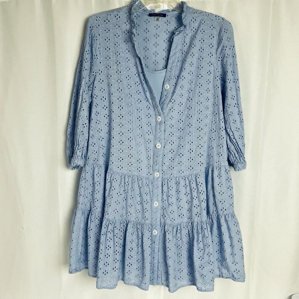 Tommy Hilfiger Blue Eyelet Tiered Shirt Dress Sz 4 Lined Ruffles